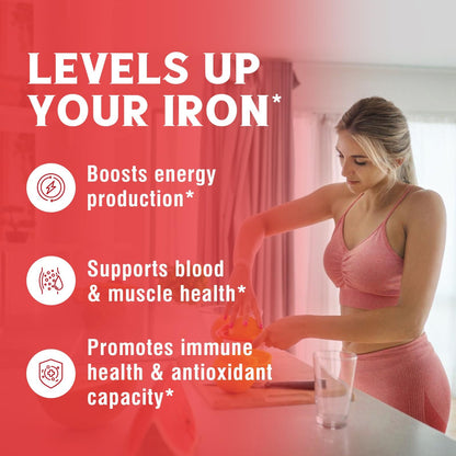Iron Supplement, 65mg Carbonyl Iron with 250mg Vitamin C, Stomach Friendly | Iron Pills for Blood Building Women & Men, High Absorption, No Nausea, No Constipation, Non-GMO, No Gluten, 60 Vegan Tabs