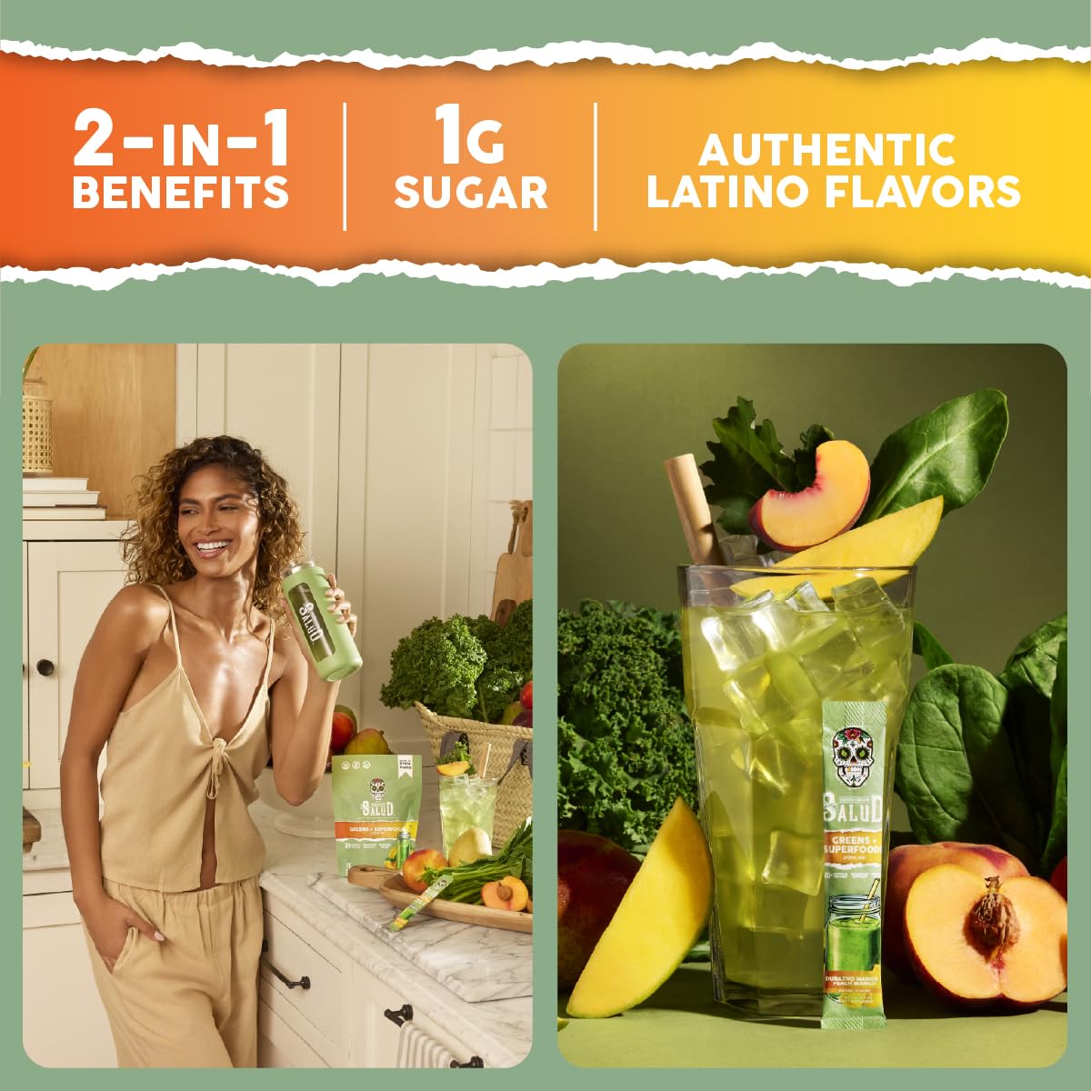 Salud 2-Pack | 2-in-1 Greens Powder + Superfood Drink Mix Packets, Peach Mango & Strawberry Lime, 15 Servings Each, 20+ Fruits and Veggies, Supports Digestive Health, Bloating Relief