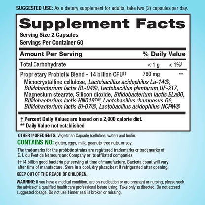 PB8 Probiotic | 14 Billion CFU | 120 Vegetarian Capsules | 8 Strains | for Women and Men | Gluten, Milk, and Soy Free Supplement