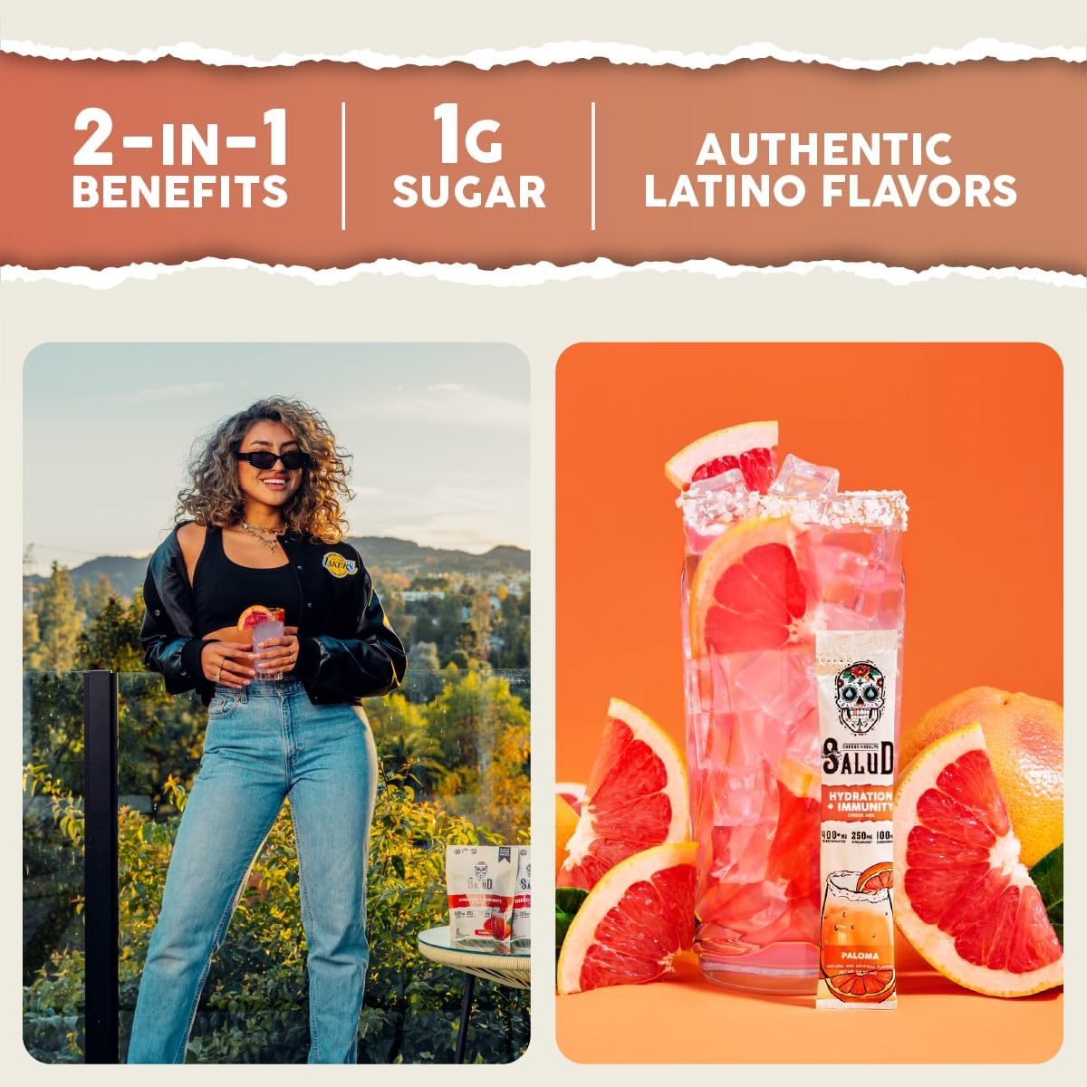 Salud 2-Pack | 2-in-1 Hydration + Immunity (Hibiscus) & Hydration + Immunity (Paloma) – 15 Servings Each, Agua Fresca Drink Mix, Non-GMO, Gluten Free, Vegan, Low Calorie, 1g of Sugar