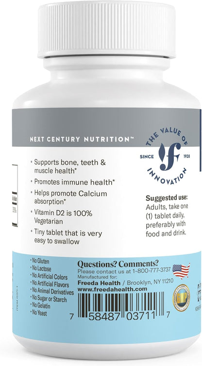 FREEDA Vitamin D2 2000 IU for Bone & Immune Support – Vegan, 100 Tablets | Supports Bone, Teeth & Muscle Function, Tiny Easy-to-Swallow Tablets, Ergocalciferol Supplement, Kosher, Made in USA