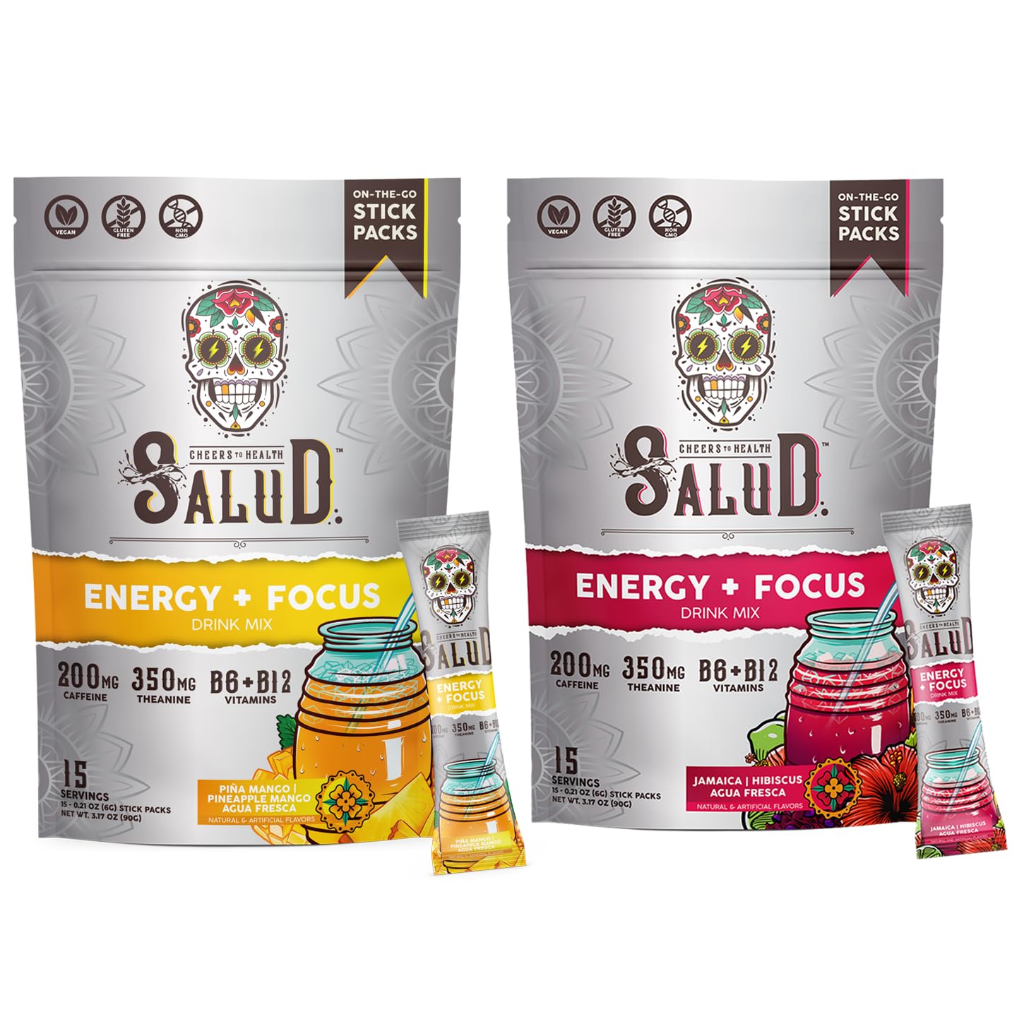 Salud 2-Pack |2-in-1 Energy + Focus (Pineapple Mango) & Energy + Focus (Hibiscus) – 15 Servings Each, Agua Fresca Drink Mix, Non-GMO, Gluten Free, Vegan, Low Calorie, 1g of Sugar