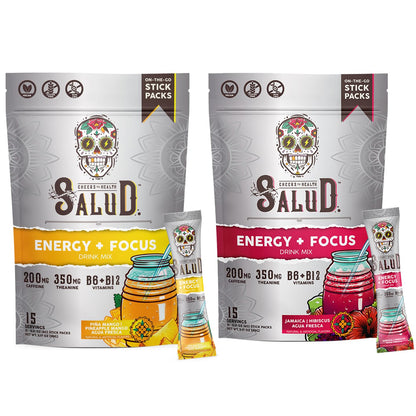 Salud 2-Pack |2-in-1 Energy + Focus (Pineapple Mango) & Energy + Focus (Hibiscus) – 15 Servings Each, Agua Fresca Drink Mix, Non-GMO, Gluten Free, Vegan, Low Calorie, 1g of Sugar