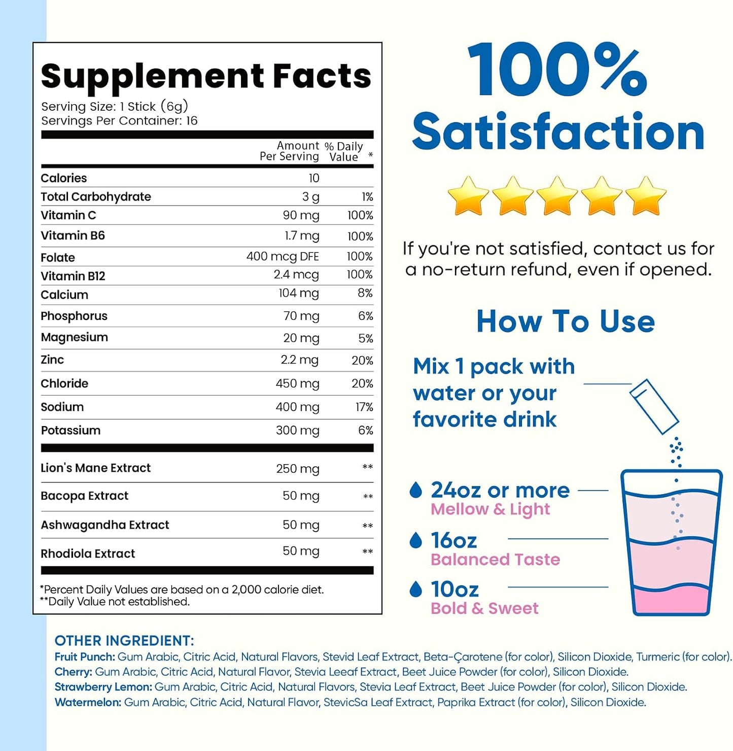 Venture Pal Sugar Free Hydration + Focus Electrolyte Packets, 16 Sticks | 7 Electrolytes + Vitamins, Magnesium, Lion's Mane & Ashwagandha, Boost Clarity & Energy, Electrolytes Powder, Vegan, Keto