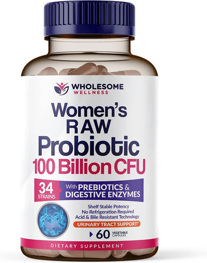 Wholesome Wellness Probiotics for Women 100 Billion CFUs with Prebiotics, Digestive Enzymes + Liposomal Vitamin C Capsules High Absorption, Ascorbic Acid Supplement Bundle