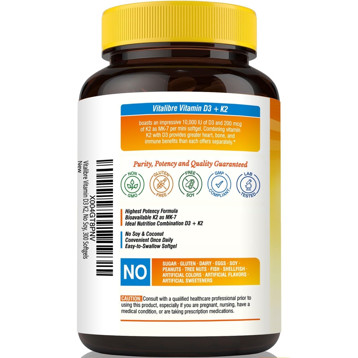 Vitalibre Vitamin D3 K2 Supplement, Vitamin D3 10000 IU & 200 mcg K2 MK7 | Enhanced Calcium Absorption, Bone, Heart, Immune & Mood Support, No Soy, Easy to Swallow, 90 Softgels