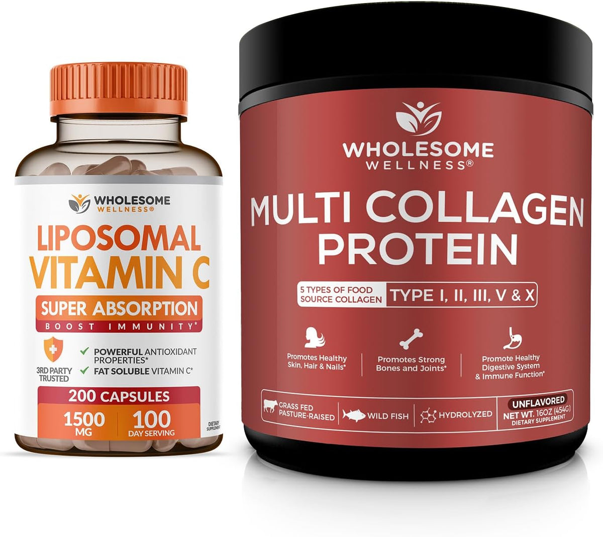 Wholesome Wellness Liposomal Vitamin C Capsules + Multi Collagen Protein Powder Hydrolyzed Bundle