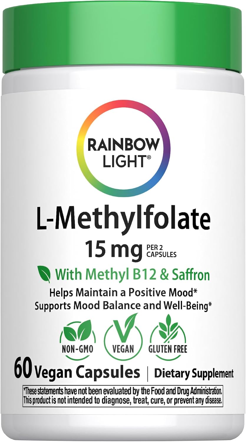Rainbow Light L-Methylfolate 15 mg with Methyl B12 | 60 Capsules | Plus Saffron Extract | Helps Maintain a Positive Mood | Vegan, Non-GMO and Gluten Free Supplement