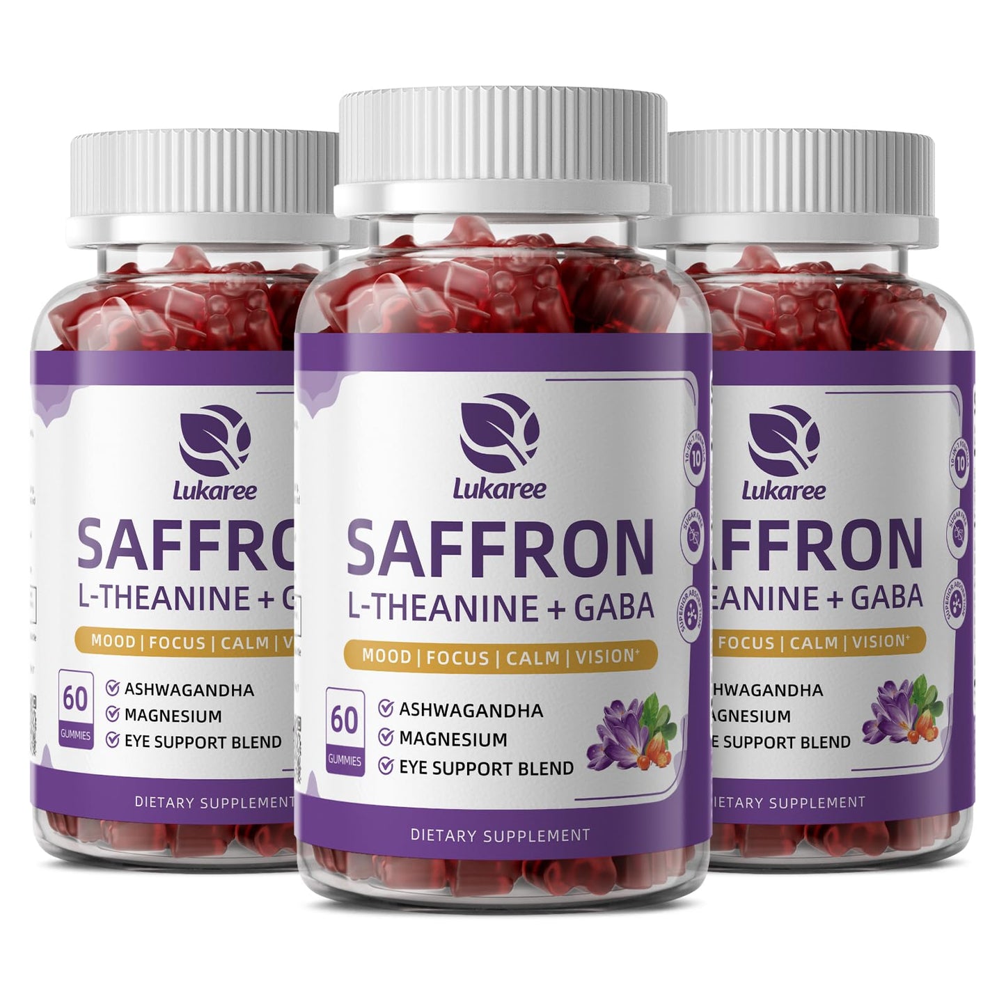 Saffron Gummies 88.5mg with L-Theanine 200mg, GABA for Mood, Focus & Vision | 10-in-1 Supplements for Adults with Ashwagandha, Eye Support Blend, GMP Certified, Sugar Free, Vegan, 60 Day Supply