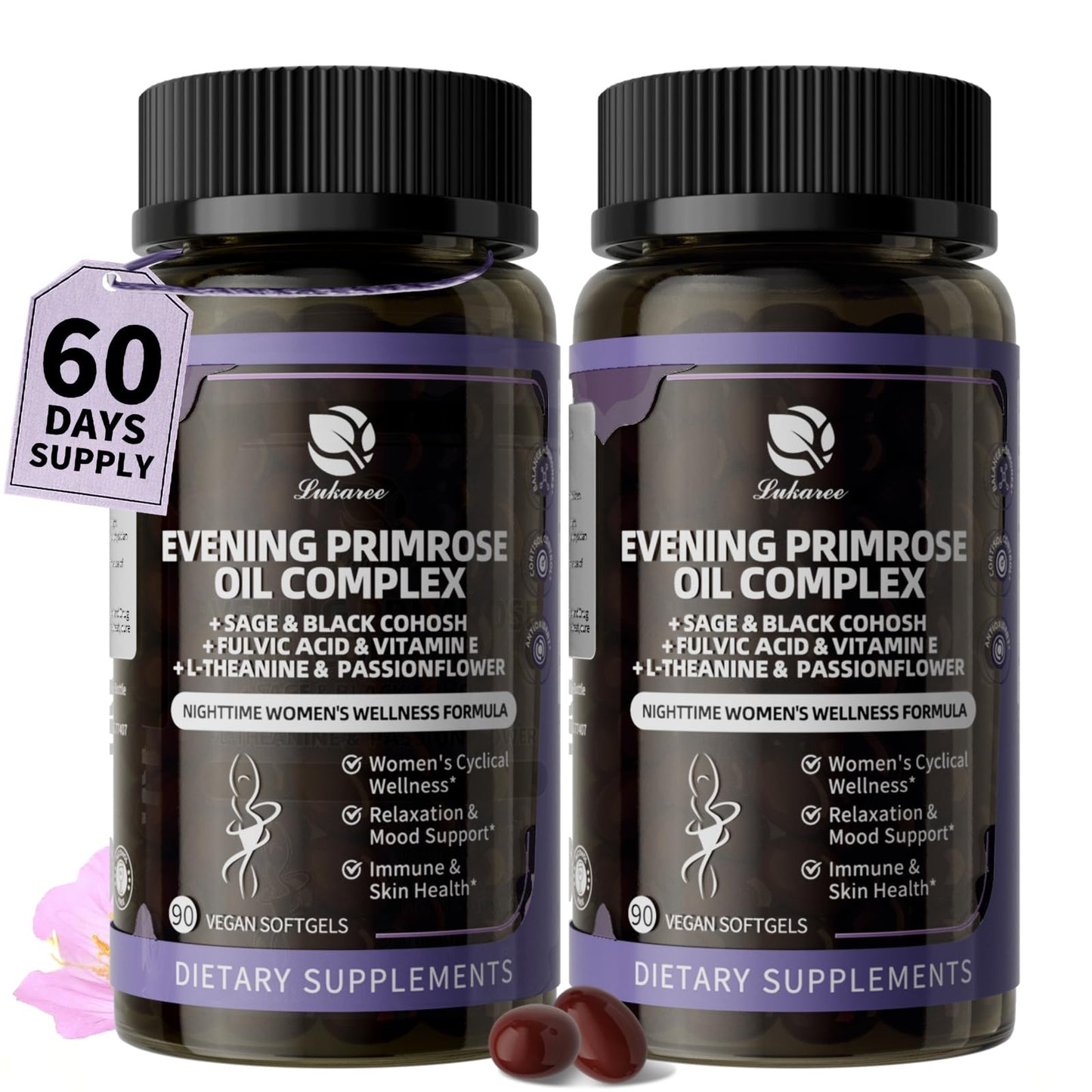 Evening Primrose Oil 1000mg - Hormone Balance for Women & Mood | Primrose Oil Capsules Cold-Pressed w/10% GLA, Essential Fatty Acids, L-Theanine for Mood, Skin & Immune, 90 Softgels