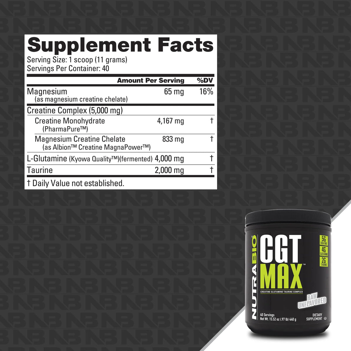 NutraBio CGT-MAX Powder- Creatine, Glutamine and Taurine to Support Muscle Recovery and Strength - 40 Servings - Unflavored