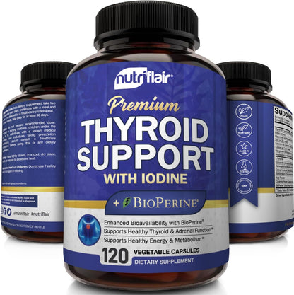 NutriFlair Thyroid Support Complex, 120 Capsules - with Iodine, Black Pepper, Ashwagandha, Vitamin B12 - Thyroid Supplement for Women and Men