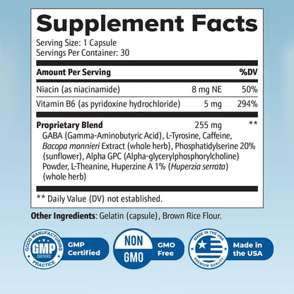 Neuro Sharp – Bacopa, Ginkgo Biloba & Huperzine-A – 30 Ct, 1 Month Supply | Bacopa Monnieri, Ginkgo Biloba & Huperzine-A | Non-GMO, Made in USA | Easy-to-swallow daily capsule