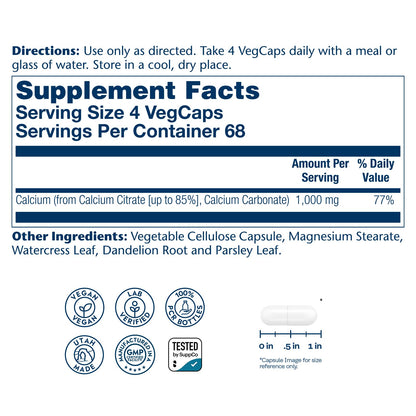 Solaray Calcium Citrate 1000mg - Chelated Calcium Supplement - Supports Bone Strength and Healthy Teeth - Easy to Digest - Vegan - 68 Servings, 275 VegCaps