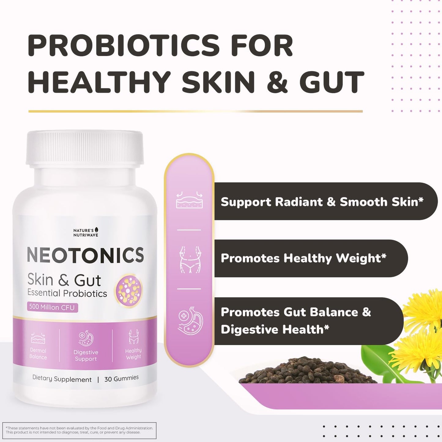 Neotonics Probiotic Gummies – Botanical Blend – 30 Ct, 1 Month Supply | Chewable probiotic gummy with Bacillus Coagulans, prebiotic inulin & botanicals | Non-GMO, Stimulant-Free | Daily gummy