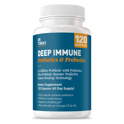 Dr. Tobias Deep Immune Probiotic + Prebiotic 60 Capsules | Gut Health | Dual Action Gut & Immune Support | DE111 Spore Forming Probiotics + PreforPro | Targeted Release | Shelf Stable | 30 Servings