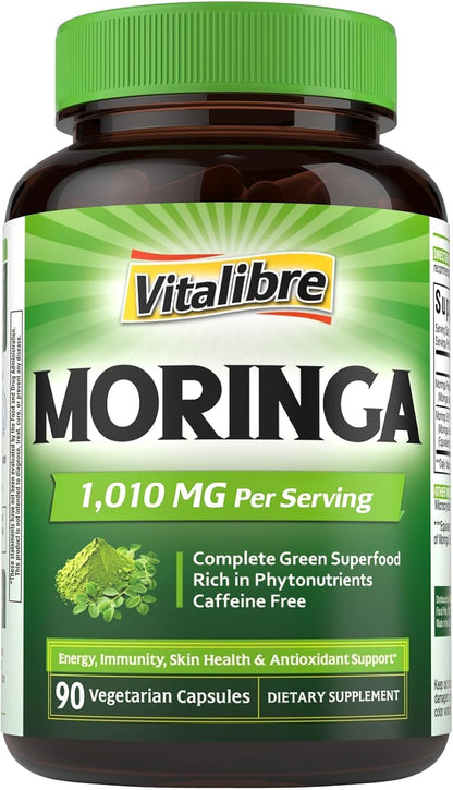 Moringa 1,010 mg, Maximum Potency, Complete Green Superfood, Rich in Antioxidants, No Gluten & Caffeine, Non-GMO, Energy, Immune, Gut & Skin Health, 90 Vegan Capsules