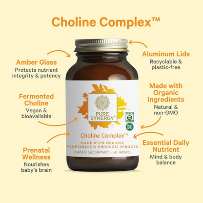 PURE SYNERGY Choline Complex | Vegan Choline Supplement Made with Organic Whole Foods | Non-GMO Bioavailable Complex | for Pregnancy, Brain, and Liver Health (60 Tablets)