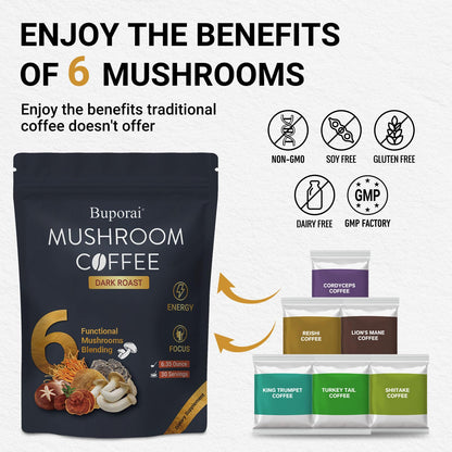 Mushroom Coffee, Instant Mushroom Coffee Organic with 6 Mushrooms Lion’s Mane, Cordyceps, Turkey Tail & Other for Energy, Focus, Digestion, Immunity, 35 Servings