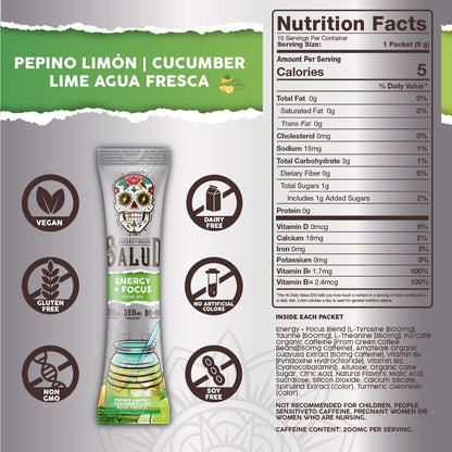 Salud 2-in-1 Energy + Focus Drink Mix, Hibiscus | Organic Caffeine, B6 + B12, Theanine, Clean Energy Packets, Agua Fresca Mix, Non-GMO, Gluten Free, 1g of Sugar (15 Servings)