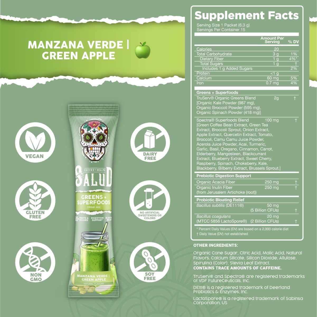 Salud 2-Pack | 2-in-1 Greens Powder + Superfood Drink Mix Packets, Green Apple & Peach Mango, 15 Servings Each, 20+ Fruits and Veggies, Supports Digestive Health, Bloating Relief