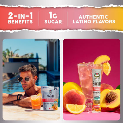 Salud 2-Pack |2-in-1 Energy + Focus (Peach Lemonade) & Energy + Focus (Strawberry Watermelon) – 15 Servings Each, Agua Fresca Drink Mix, Non-GMO, Gluten Free, Vegan, Low Calorie, 1g of Sugar