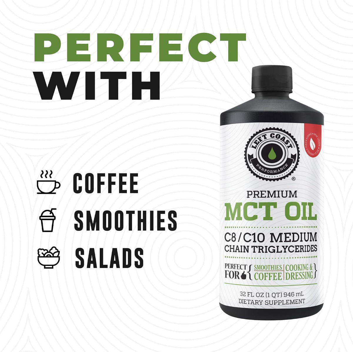 100% Coconut MCT Oil Liquid - MCT Oil C8 C10 for Sustained Mental Energy & Focus Support Great for Smoothies Salads Coffee & More - Palm Free Vegan Keto & Paleo Friendly 60+ Servings (32 Fl Oz)