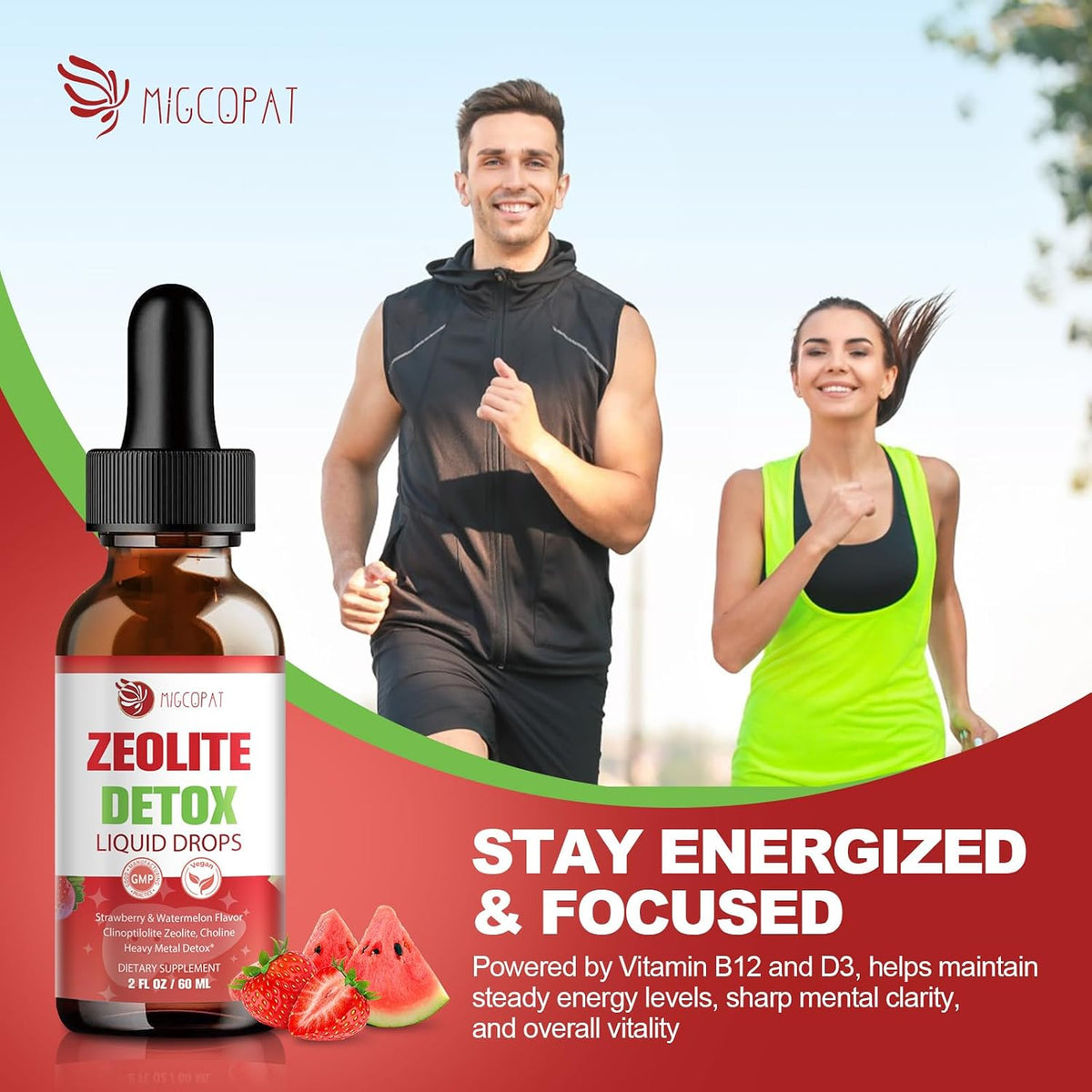 Zeolite Detox Liquid Drops with B12, D3 & Vitamin C – Pure Body Cleanse Support for Heavy Metals, Natural Zeolite Formula, Strawberry Watermelon Flavor, 60ml
