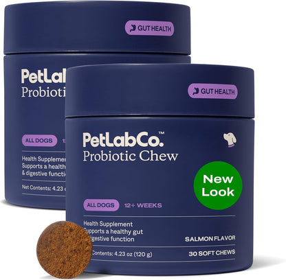 PetLab Co. Probiotic Chews, 30 Soft Chews, 2-Pack, Salmon | 8-strain probiotic blend with prebiotics to support digestive health, skin and seasonal allergy support