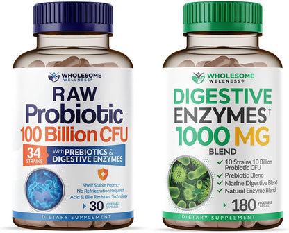 Wholesome Wellness Organic Probiotics 100 Billion CFU + Digestive Enzymes 1000mg with Prebiotics Bundle
