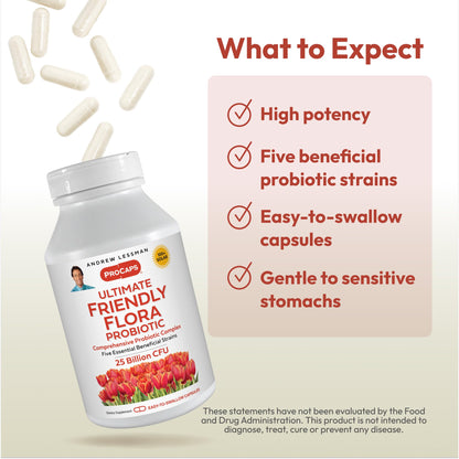 Andrew Lessman ProCaps Probiotic 25 Billion CFU 60 Capsules for Women & Men | Shelf-stable 25 Billion CFU. Four probiotic strains. No refrigeration required. Supports digestive & immune health.
