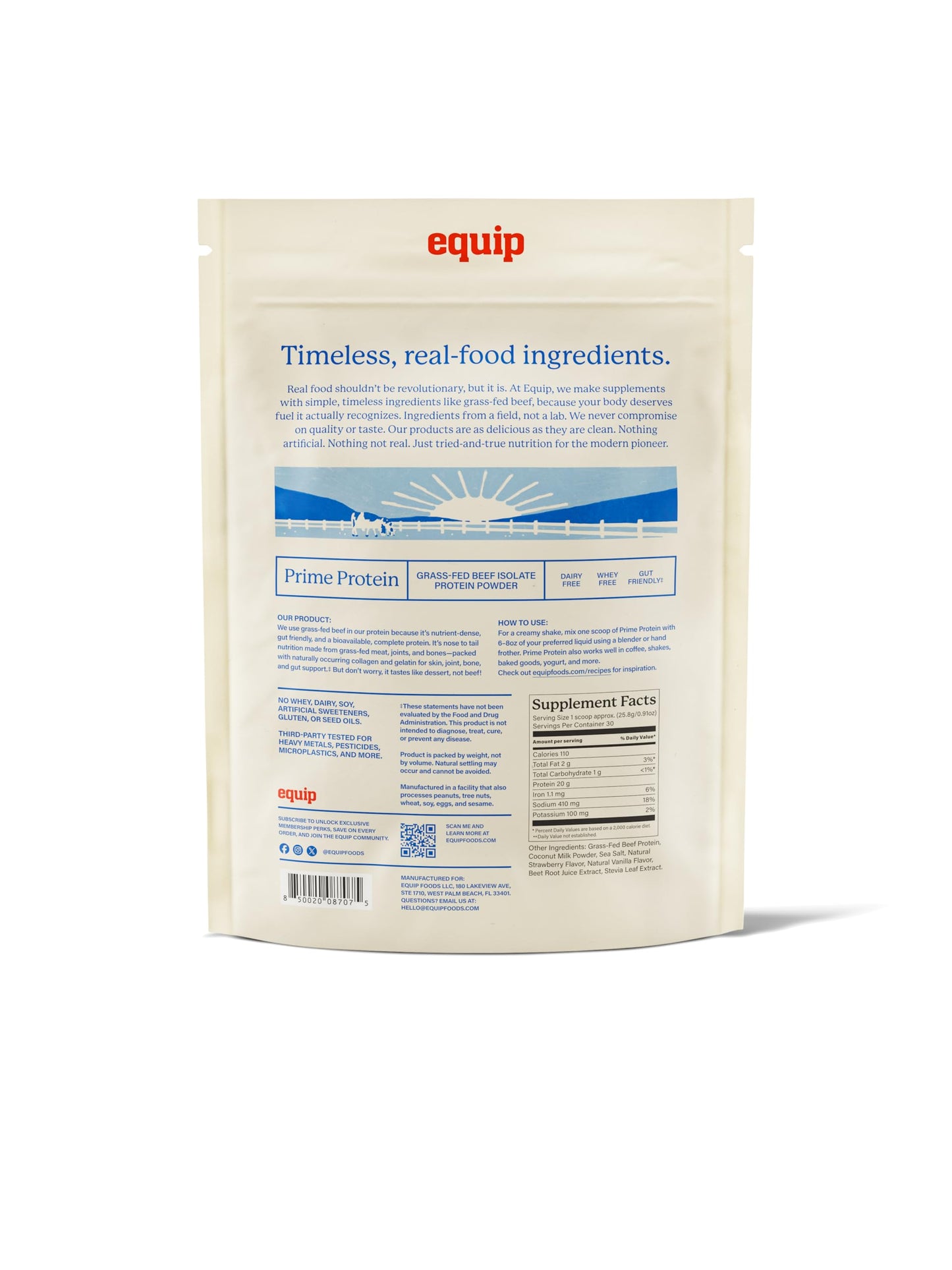 Equip Prime Chocolate Protein Powder - Gut-Friendly, No Sugar Protein Shake Powder with Grass-Fed Beef & Natural Collagen - Rich & Creamy Mix - 21g Per Serving - Whey & Dairy-Free (30 Scoops)