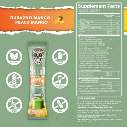 Salud 2-Pack | 2-in-1 Greens Powder + Superfood Drink Mix Packets, Green Apple & Peach Mango, 15 Servings Each, 20+ Fruits and Veggies, Supports Digestive Health, Bloating Relief