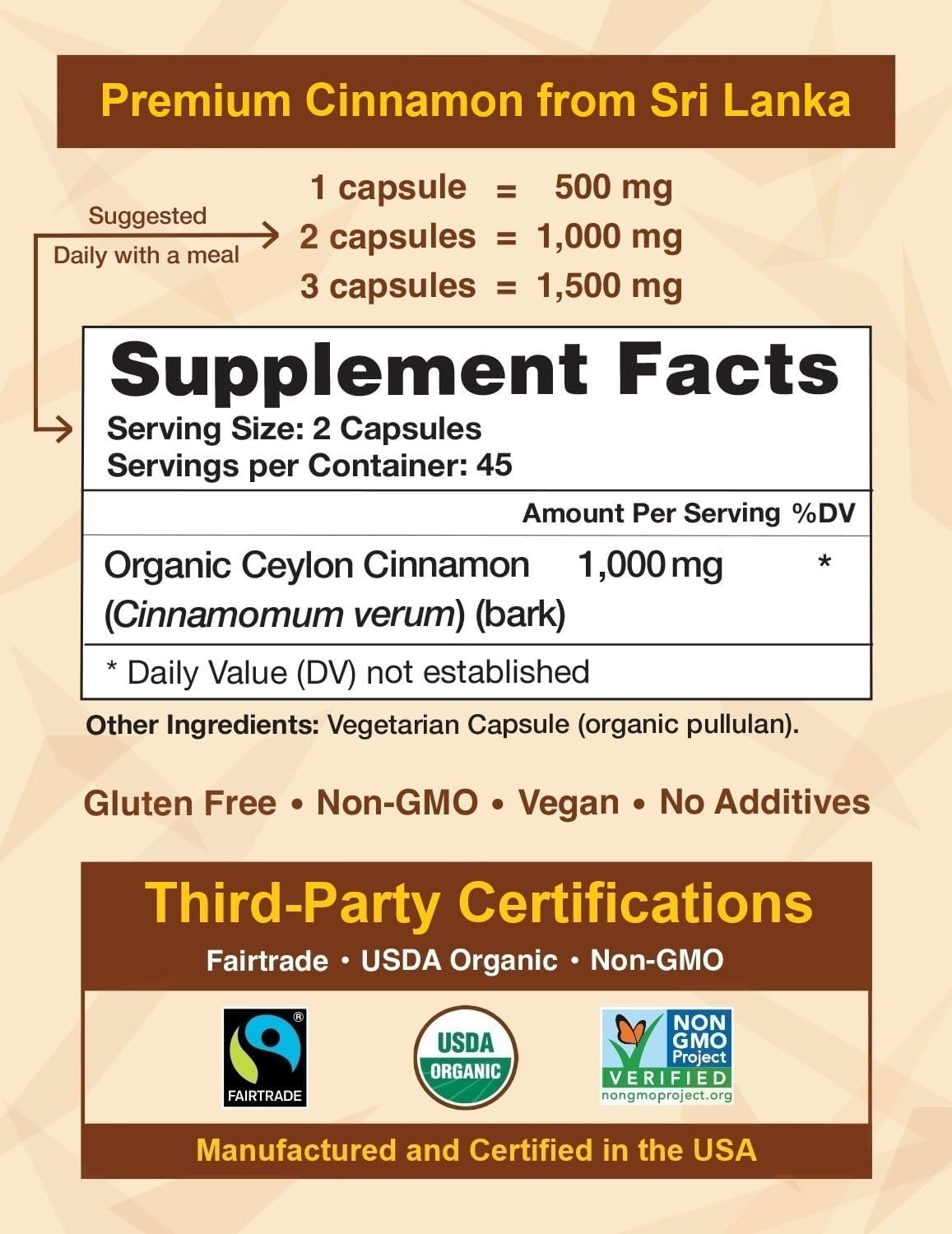 Organic Ceylon Cinnamon Capsules, USDA Certified Supplement - 90 Count | Premium Grade, True Sri Lankan Variety, Cinnamomum Verum, All-Natural, Non-GMO, Gluten Free, Made in the USA (GMP)