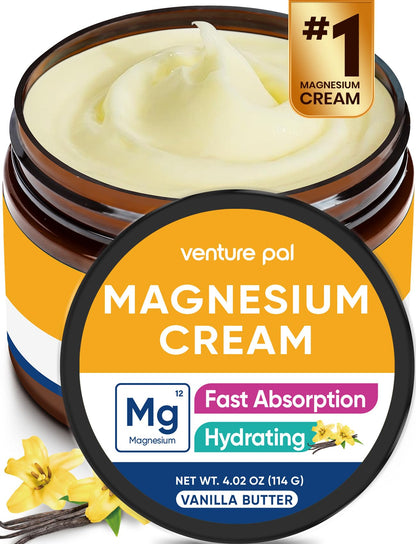 Venture Pal Topical Magnesium Cream, Highly Concentrated Magnesium Lotion | Fast-Absorbing Magnesium Moisturizing Cream with Coconut Oil, Shea Butter & Hyaluronic Acid; Suitable for Kids