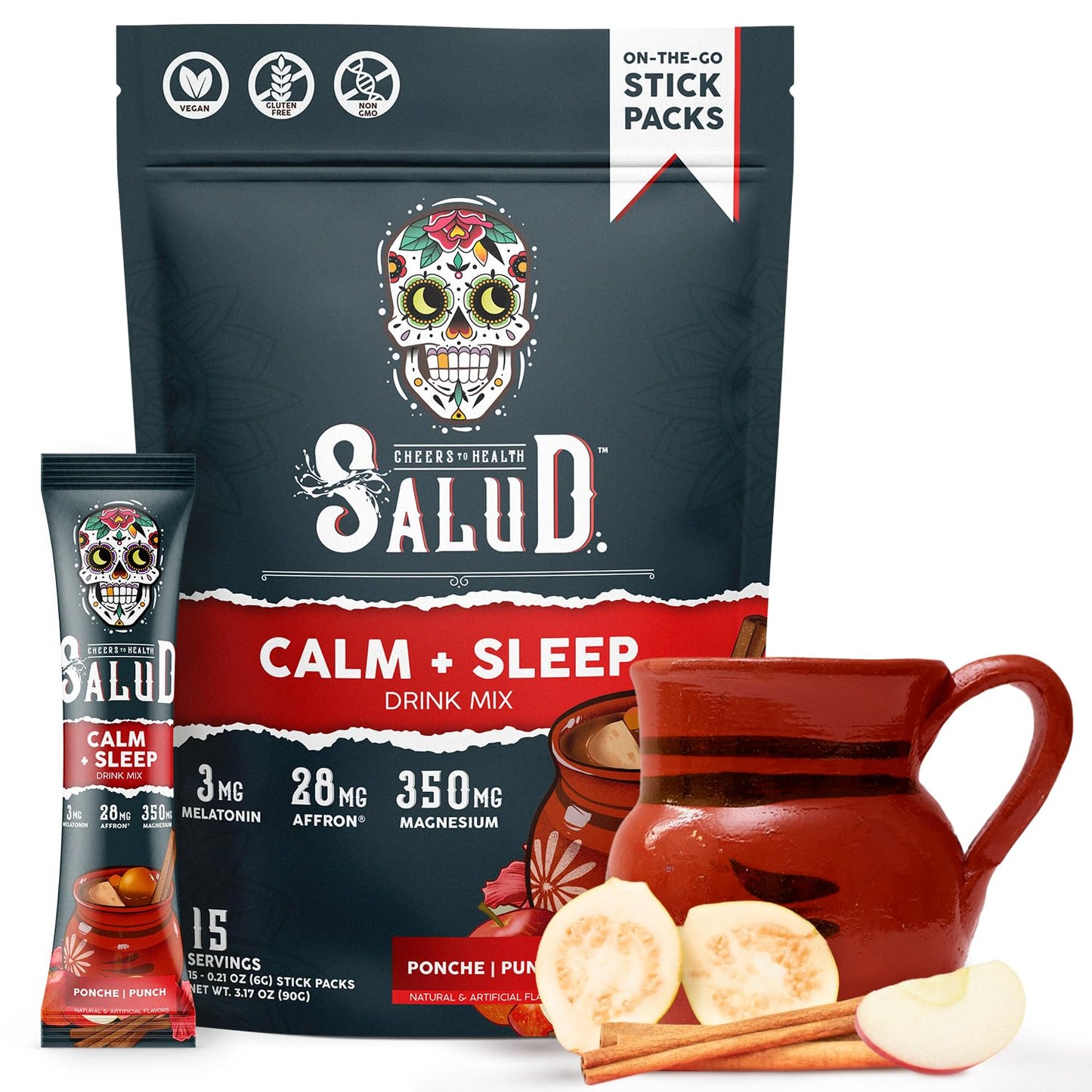 Salud 2-in-1 Sleep Aid + Calm Drink Mix, Punch | Melatonin, Magnesium, Saffron Extract, L-Theanine, Non-GMO, Gluten Free, Vegan, Low Calorie, 1g of Sugar (15 Servings)
