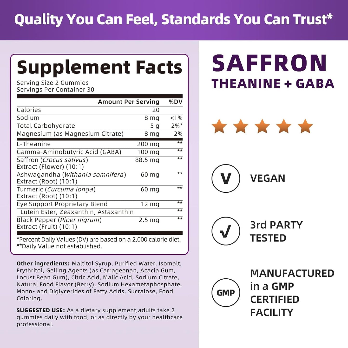 Saffron Gummies 88.5mg with L-Theanine 200mg, GABA for Mood, Focus & Vision | 10-in-1 Supplements for Adults with Ashwagandha, Eye Support Blend, GMP Certified, Sugar Free, Vegan, 60 Day Supply