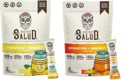 Salud 2-Pack | 2-in-1 Hydration + Immunity (Lemonade) & Hydration + Immunity (Mango) – 15 Servings Each, Agua Fresca Drink Mix, Non-GMO, Gluten Free, Vegan, Low Calorie, 1g of Sugar