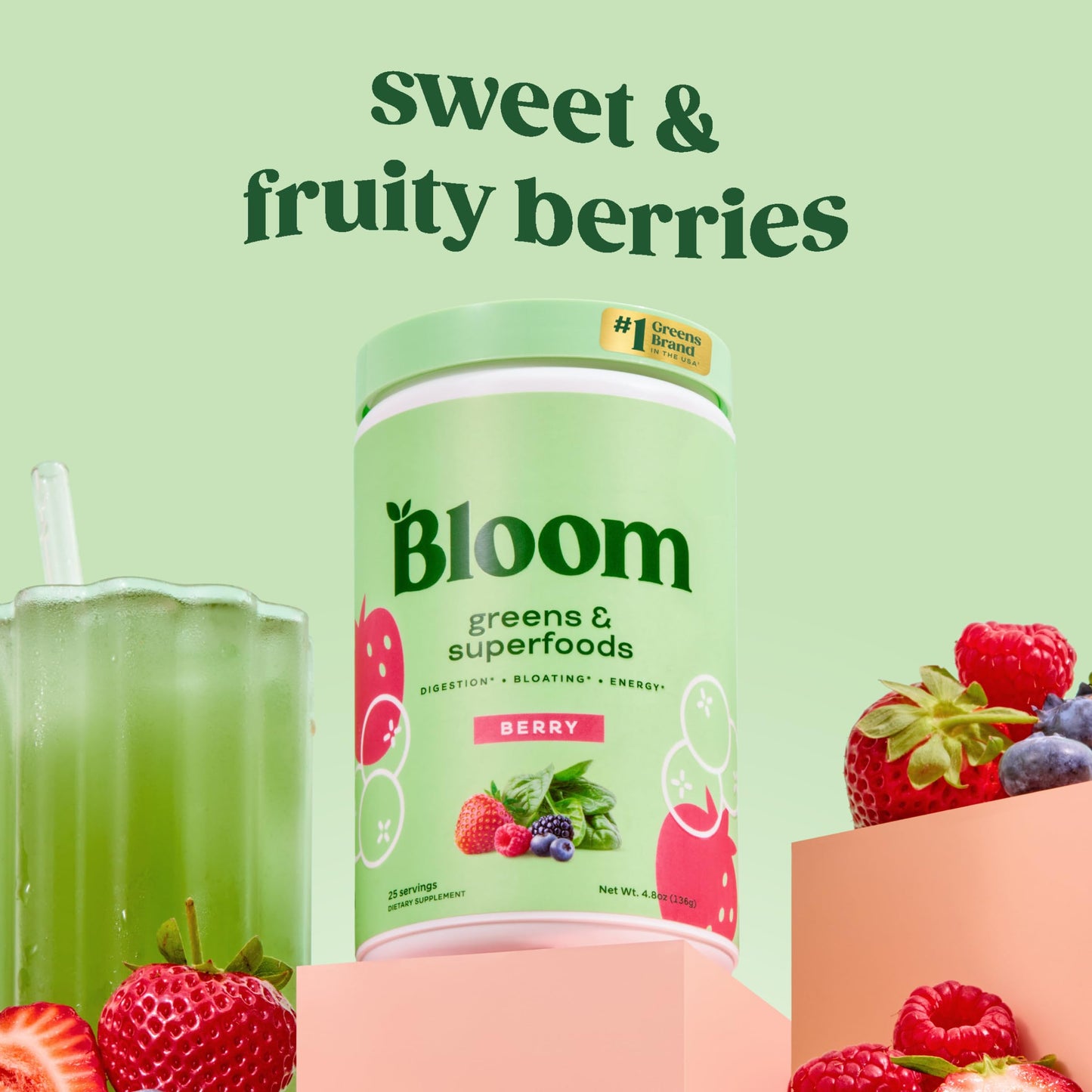 Bloom Nutrition Superfood Greens Powder, Berry, 30 Servings | Digestive Enzymes with Probiotics and Prebiotics, Gut Health, Bloating Relief for Women, Chlorella, Green Juice Mix