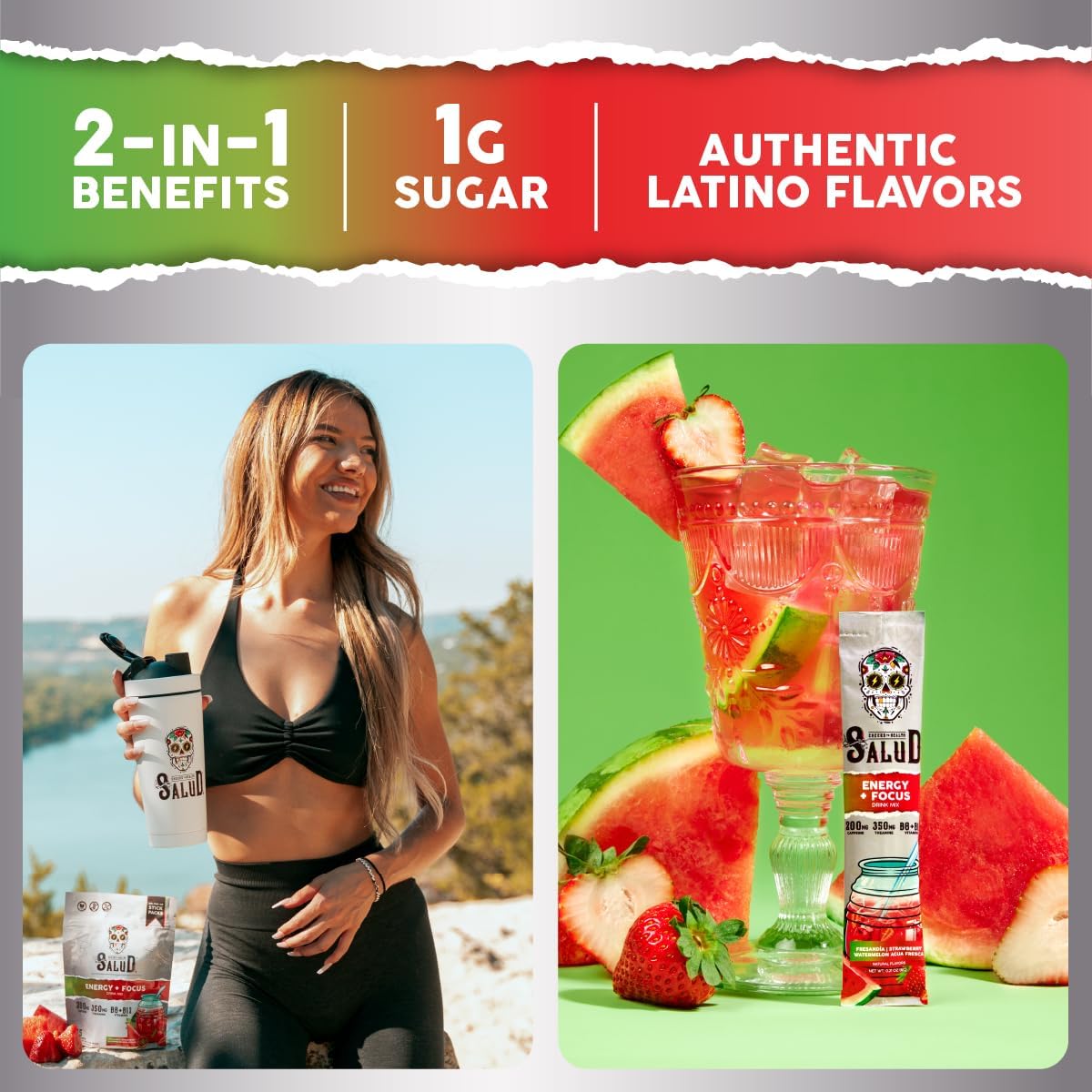 Salud 2-Pack | 2-in-1 Hydration + Immunity (Pineapple) & Energy + Focus (Strawberry Watermelon) – 15 Servings Each, Agua Fresca Drink Mix, Non-GMO, Gluten Free, Vegan, Low Calorie, 1g of Sugar