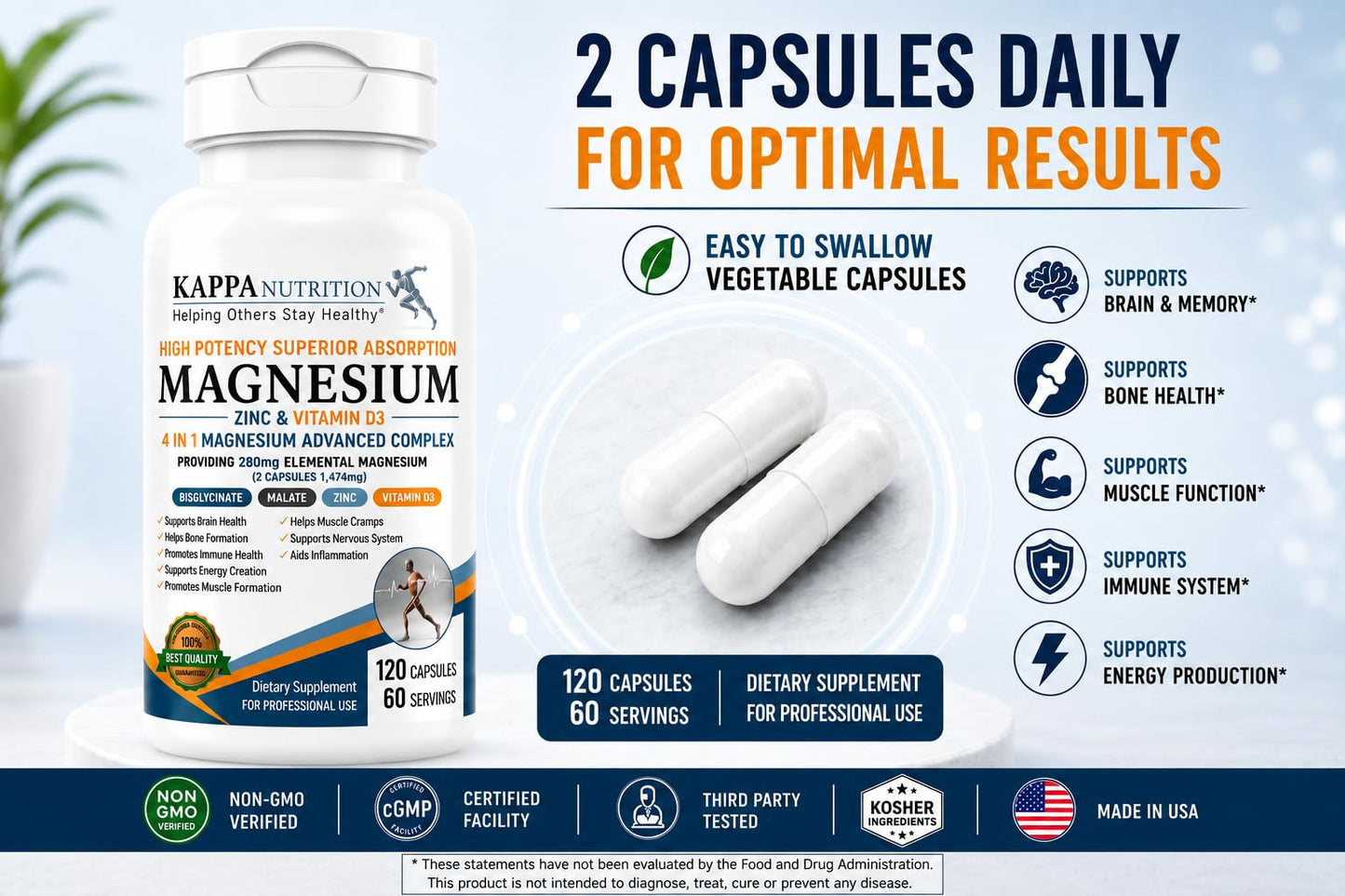 Kappa Nutrition Magnesium 4-in-1, 280mg Elemental Magnesium (Bisglycinate, Malate) + Zinc & Vitamin D3, Brain, Sleep, Energy, Muscle, Immune Support, 120 Vegan Capsules.