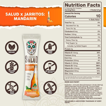 Salud x Jarritos 4-Pack | 2-in-1 Hydration + Immunity (Guava & Mandarin) & Energy + Focus (Fruit Punch & Lime) – 15 Servings Each, Agua Fresca Drink Mix, Non-GMO, Gluten Free, Vegan, Low Calorie, 1g o