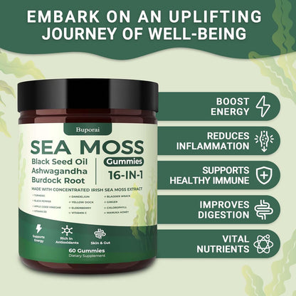 Sea Moss Gummies 16-1, Black Seed Oil Ashwagandha Turmeric Bladder Wrack Vitamin C Vitamin D3 Elderberry Manuka Dandelion Yellow Dock Apple Cider Vinegar for Men & Women
