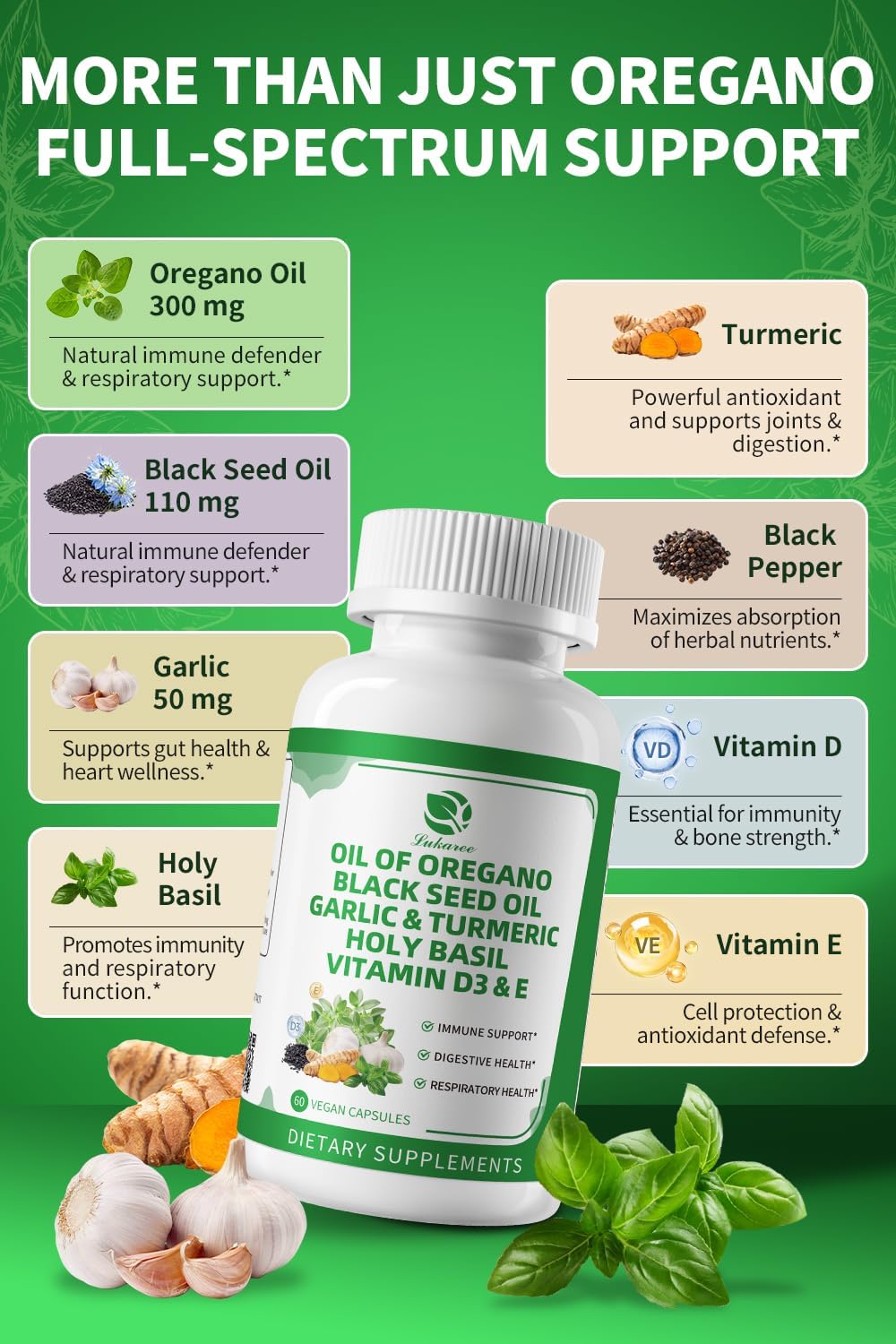 Oil of Oregano Capsules with Black Seed Oil, Garlic, Turmeric, Holy Basil | High Absorption – Immune, Digestive & Respiratory – 60 Caps, 2 Month Supply