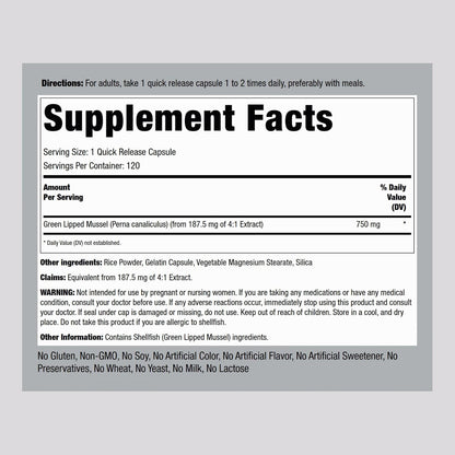 Piping Rock Green Lipped Mussel | 120 Capsules | Supplement for Humans | Freeze Dried from New Zealand | Non-GMO, Gluten Free