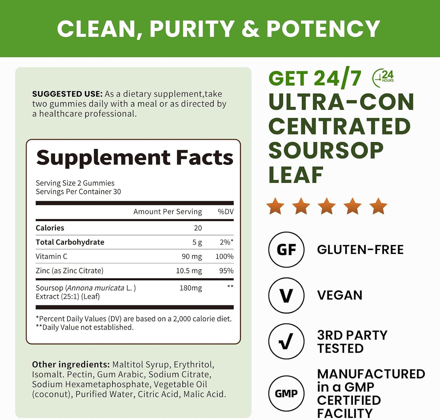 (2 Pack) Soursop Gummies - Soursop Leaves Concentrated Extract for Immune | Herbal Extracts w/Vitamin C, Zinc & Natural Food for Liver, Calming & Antioxidant, Sugar Free, Gluten Free, Vegan, 60 Gummies