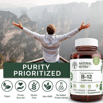 Natural Nutra Vitamin B12 1000 mcg, 100 Vegan Tablets | Promote Heart & Nerve Health, Cobalamin B12 Supplement, Help in Metabolism Health, Optimal Absorption, Gluten-Free,Sugar-Free