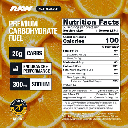 RAW Fuel, Premium Endurance Supplement Powder, Orange (60 Servings) - Peak Performance, Hydration & Stamina During Workouts, Training or Competition - 24g of Carbohydrates & 300mg of Sodium