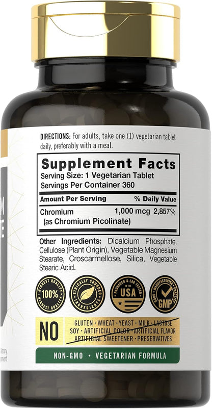 Carlyle Chromium Picolinate Supplement | 1000mcg | 360 Tablets | Vegetarian, Non-GMO, Gluten Free Formula