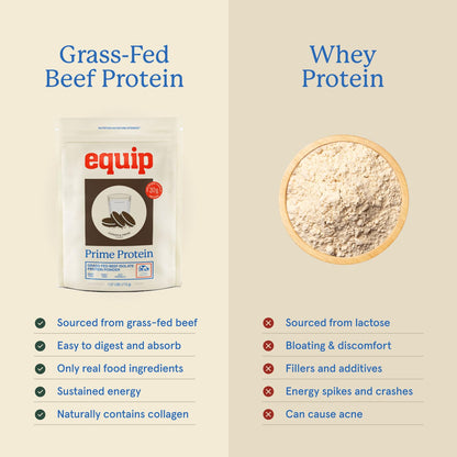 Equip Prime Chocolate Protein Powder - Gut-Friendly, No Sugar Protein Shake Powder with Grass-Fed Beef & Natural Collagen - Rich & Creamy Mix - 21g Per Serving - Whey & Dairy-Free (30 Scoops)